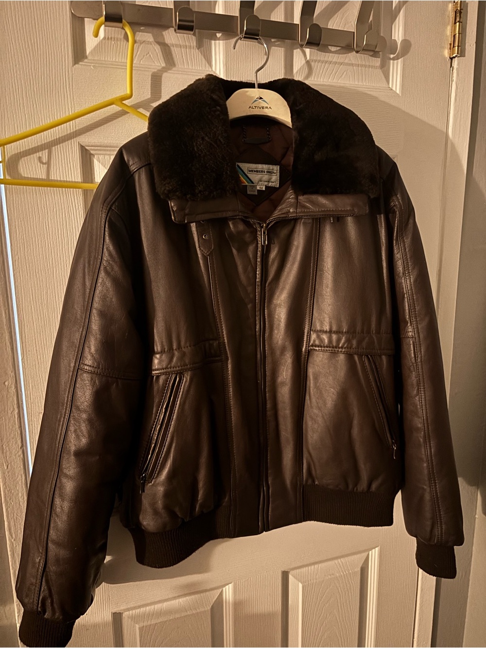 Members Only Dark Brown Leather Bomber Jacket with Fur Collar